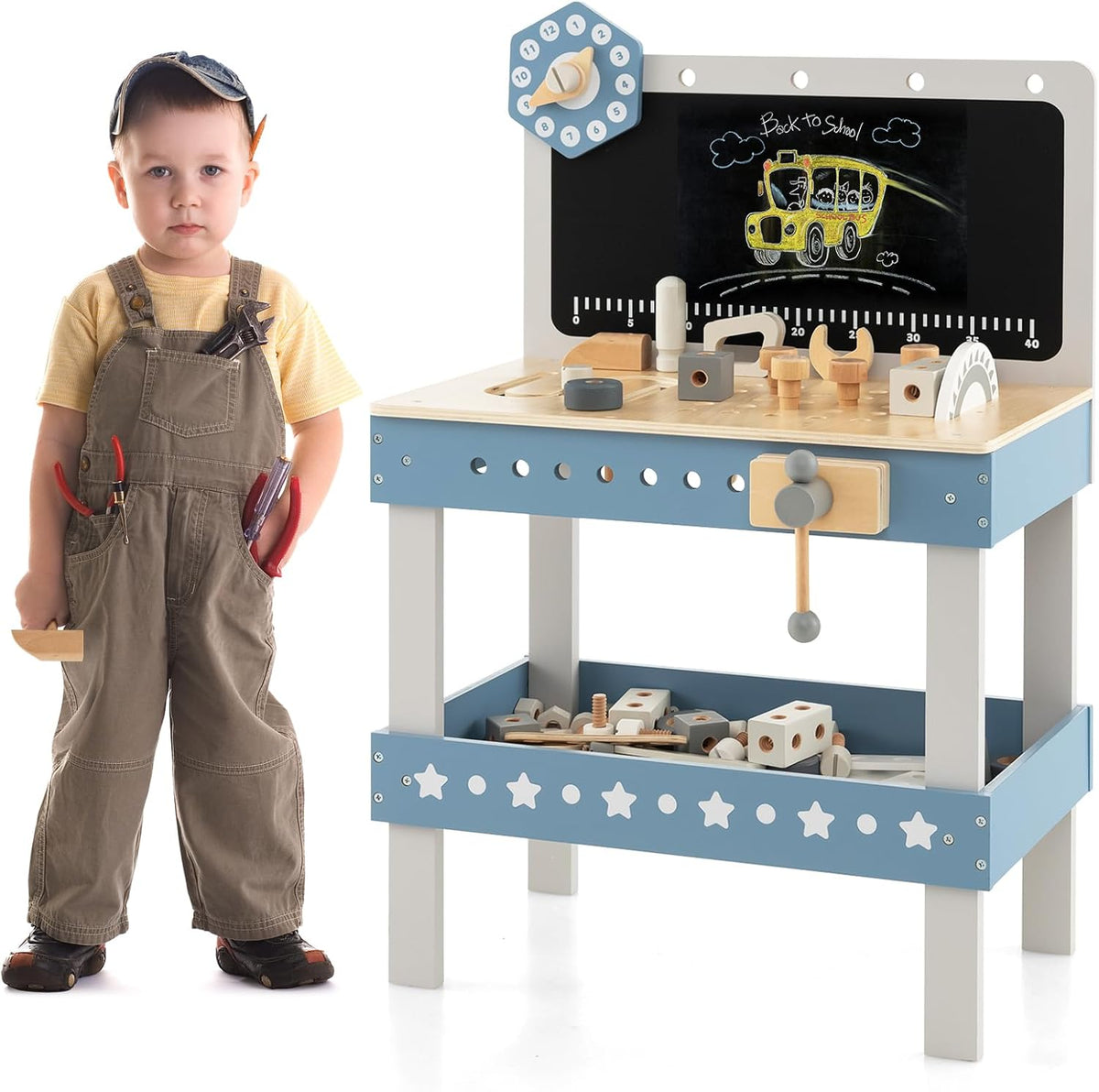 Coast Houten Speelgoedwerkbank - Inclusief Accessoires - 2-Laags - Met Krijtbord - 50 x 29 x 73 cm