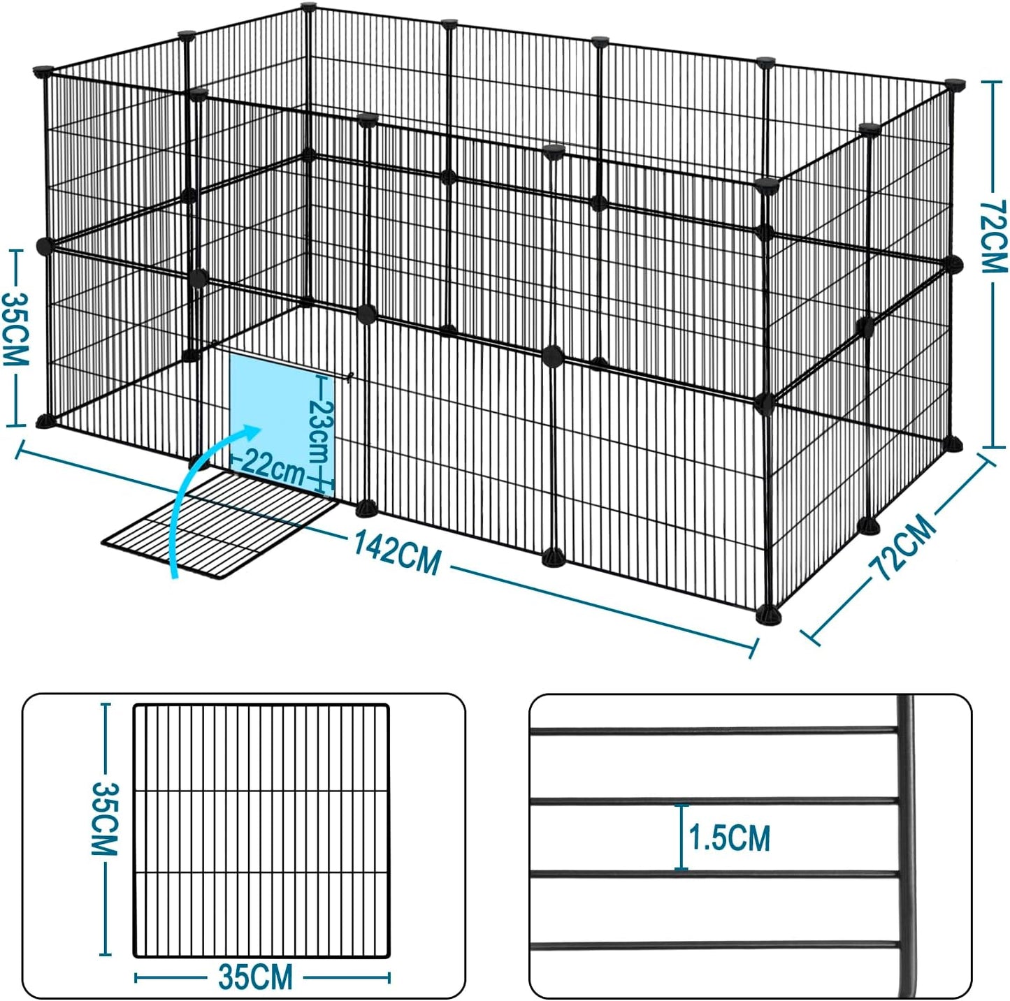 Eugad Puppyren 142x72x72 cm - Opvouwbare Metalen Dierenren met Deur - Zwart/Metaal