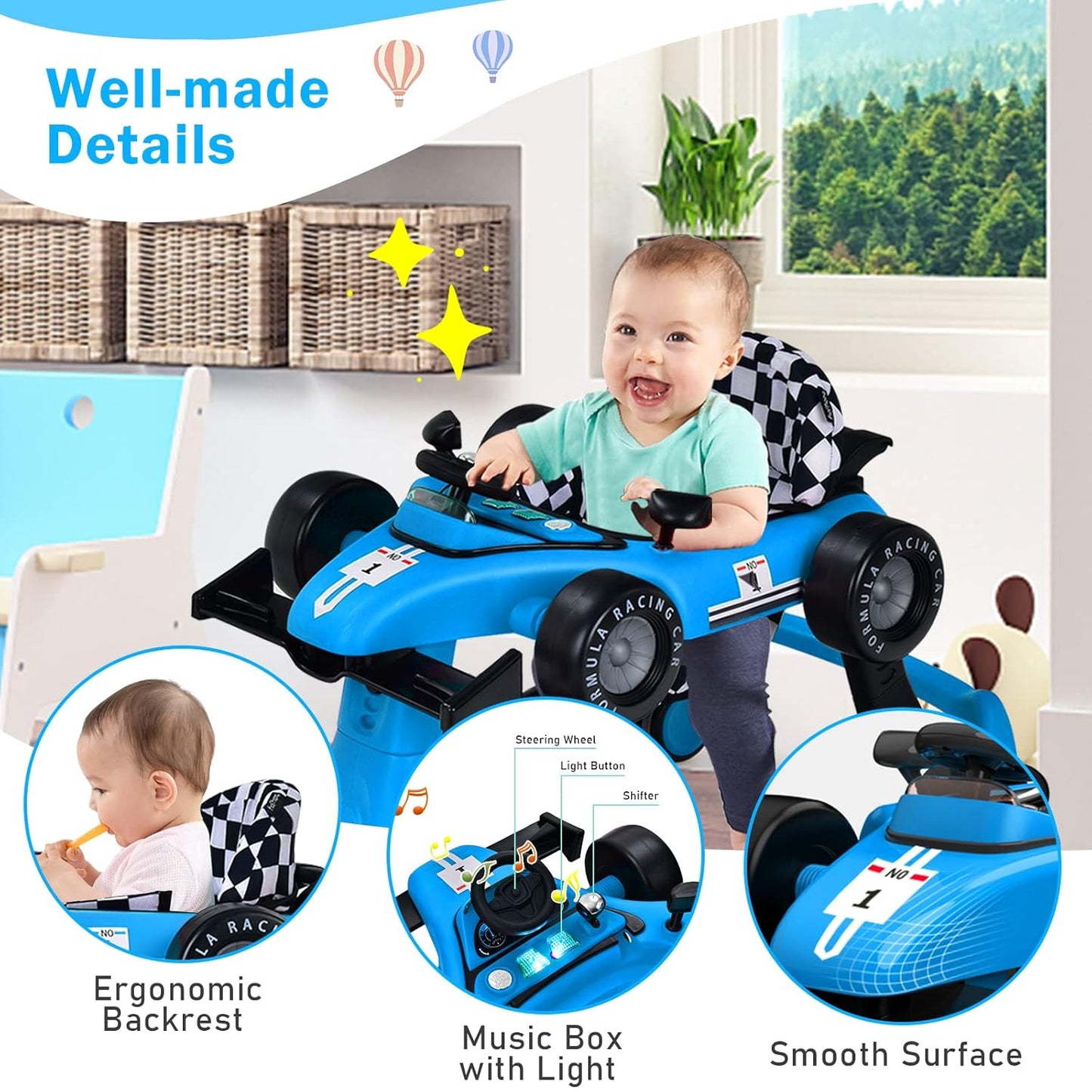 Coast 4-in-1 Loopwagen - Instelbare Hoogte - Anti Slip Pads - Blauw - 73 x 64 x 50,5-55,5 cm