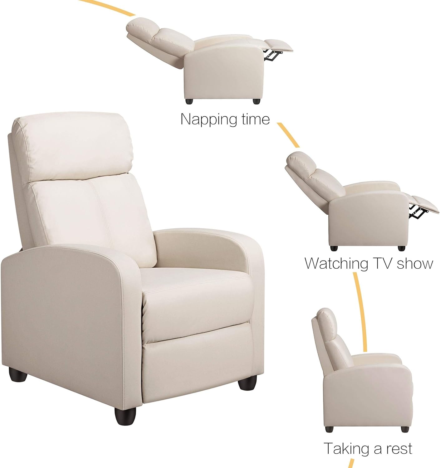 Yaheetech Relaxstoel met Ligfunctie - Verstelbare Fauteuil van Kunstleer - Pocketveren - Beige - 3 Zit- en Ligstanden
