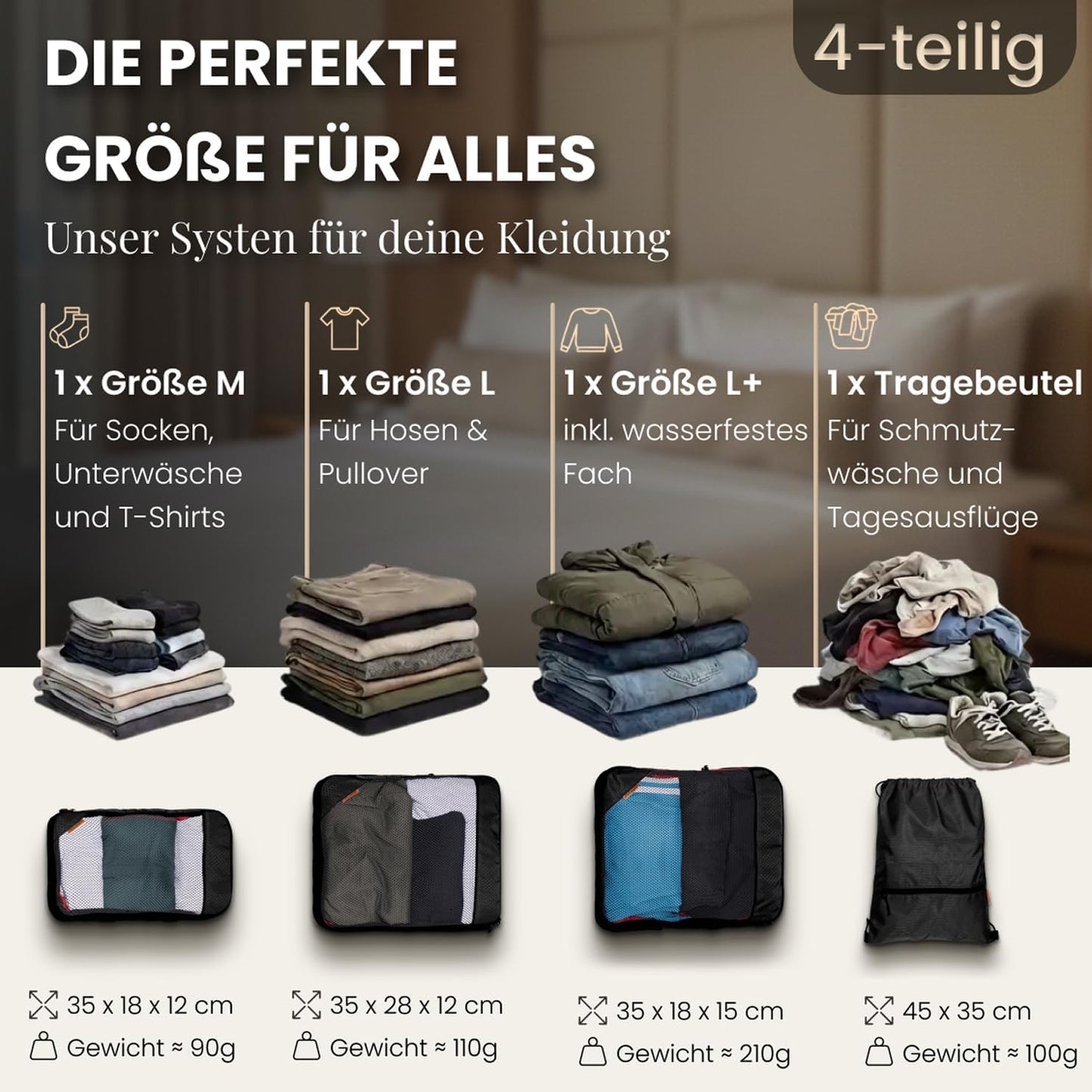 loonara Compressie Packing Cubes - 4-Delig - Grijs