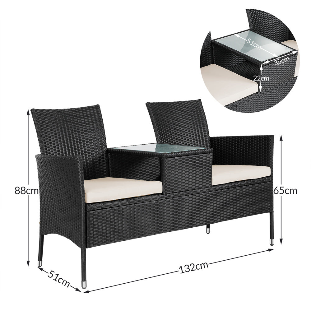 Casaria Polyrattan Tuinbank - Incl. Kussen Tafel 143x55x88 cm Zwart
