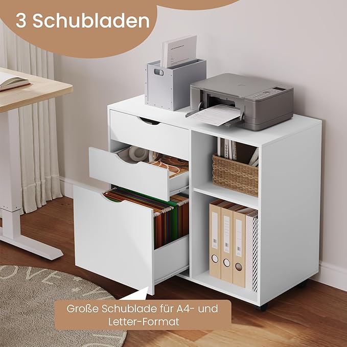 WOLTU ASK13ws rollcontainer - mobiel ladeblok voor kantoor - 3 lades - wit - 80 x 69,5 x 39,5 cm