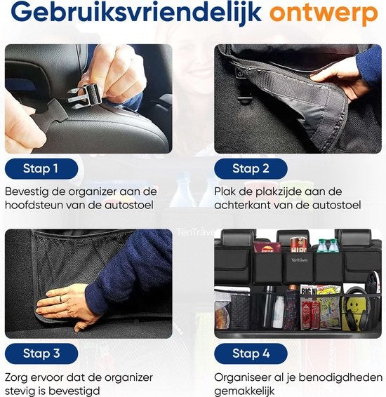 TenTravel Kofferbak Organizer - Auto Organizer Kofferbak - Autostoel Organizer - Waterproef en Krasbestendig - Met 9 Opbergvakken