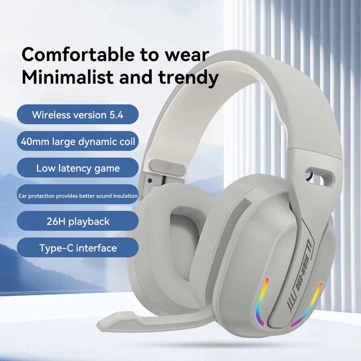 Ntech B500 Draadloze gaming headset met microfoon - Bluetooth 5.4 en 2,4 GHz - RGB - Wit