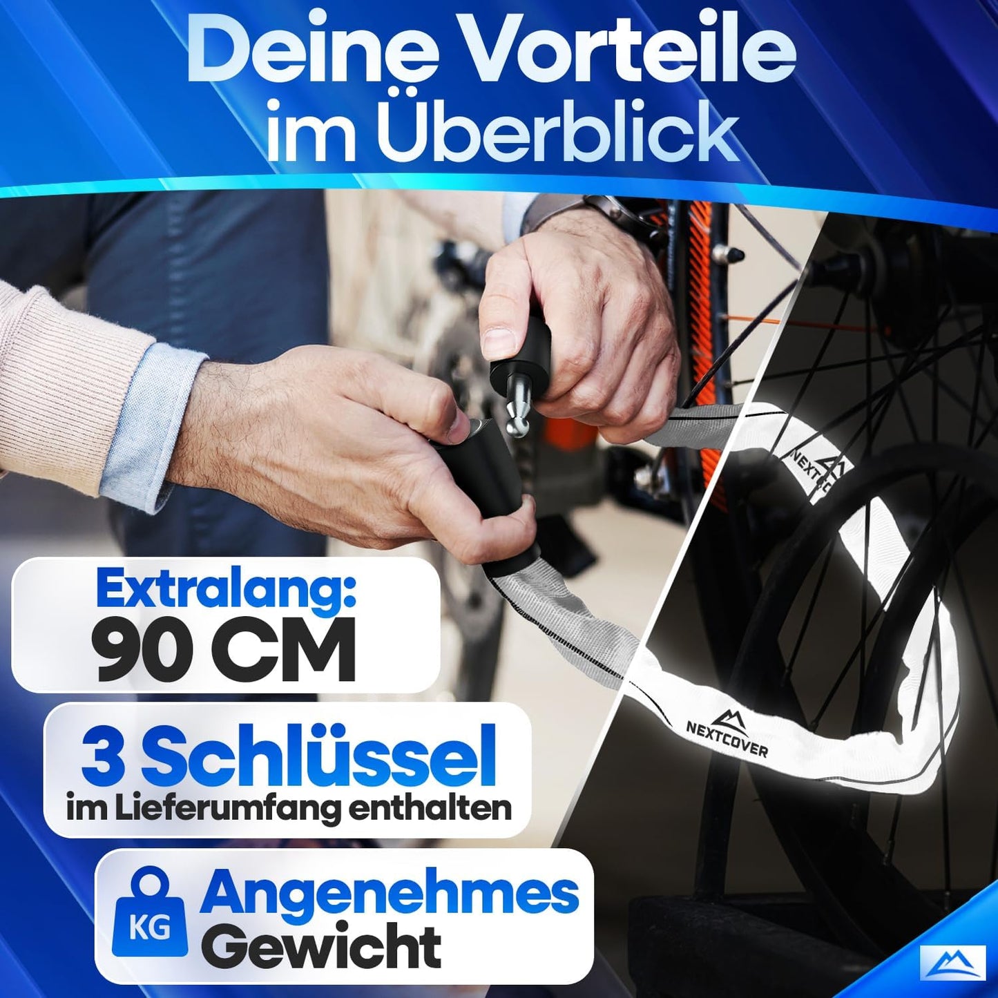 NEXTCOVER® Fietsslot LockOne met sleutel I - [VEILIG] Fietsslot hoge veiligheid I robuust & duurzaam kettingslot fiets I Fietsslot, fietsslot 3 sleutels
