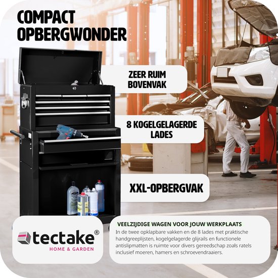 tectake® Werkplaatswagen met Kofferbevestiging - Afsluitbare Gereedschapswagen met 10 Vakken - Mobiele Werkbank van Staal - Wielen met Rem - Lege Gereedschapswagen, Gereedschapskast - Zwart