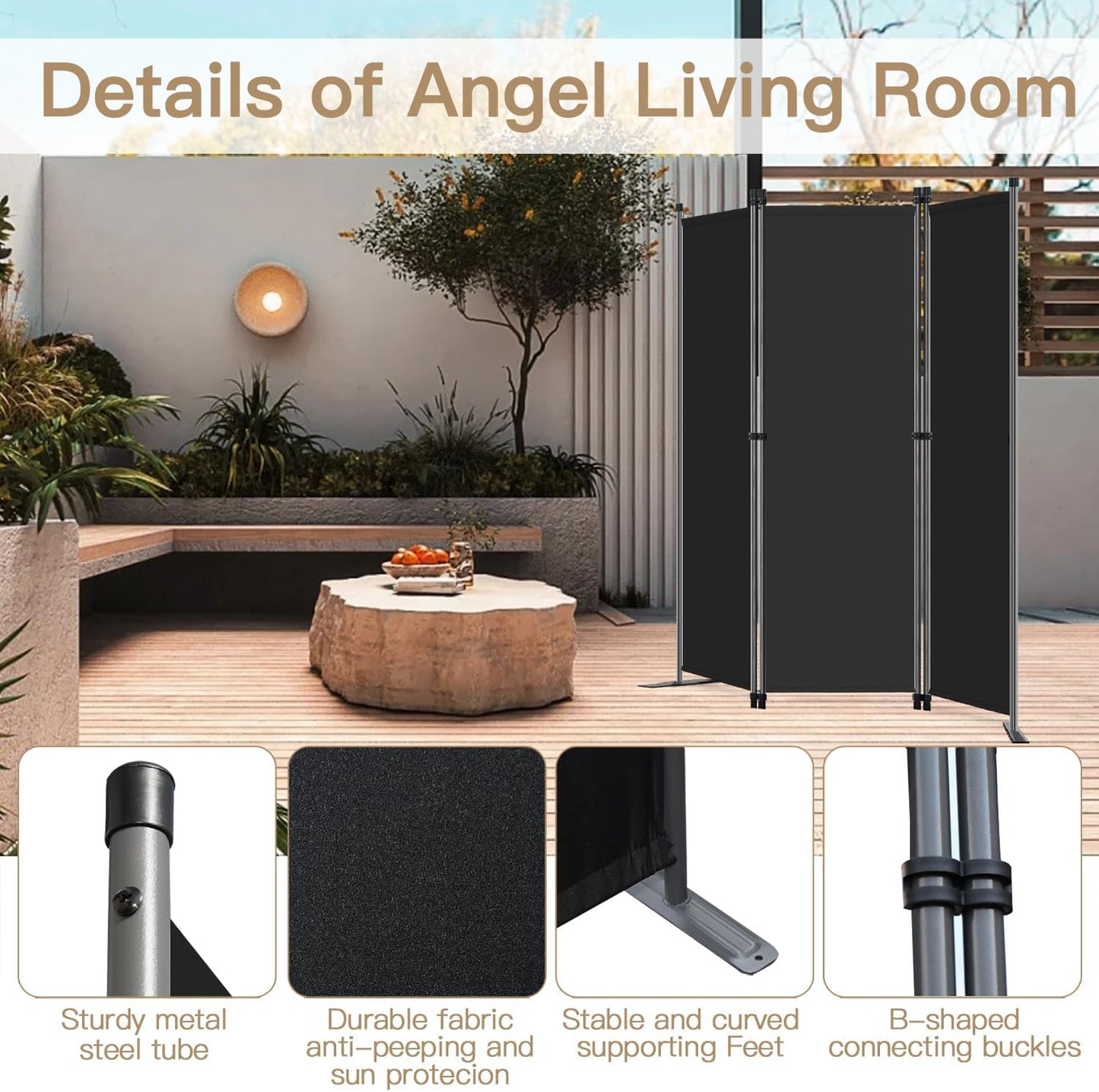 Angel Living Kamerscherm - 3 Panelen - Opvouwbaar - 168 x 165 cm - Zwart