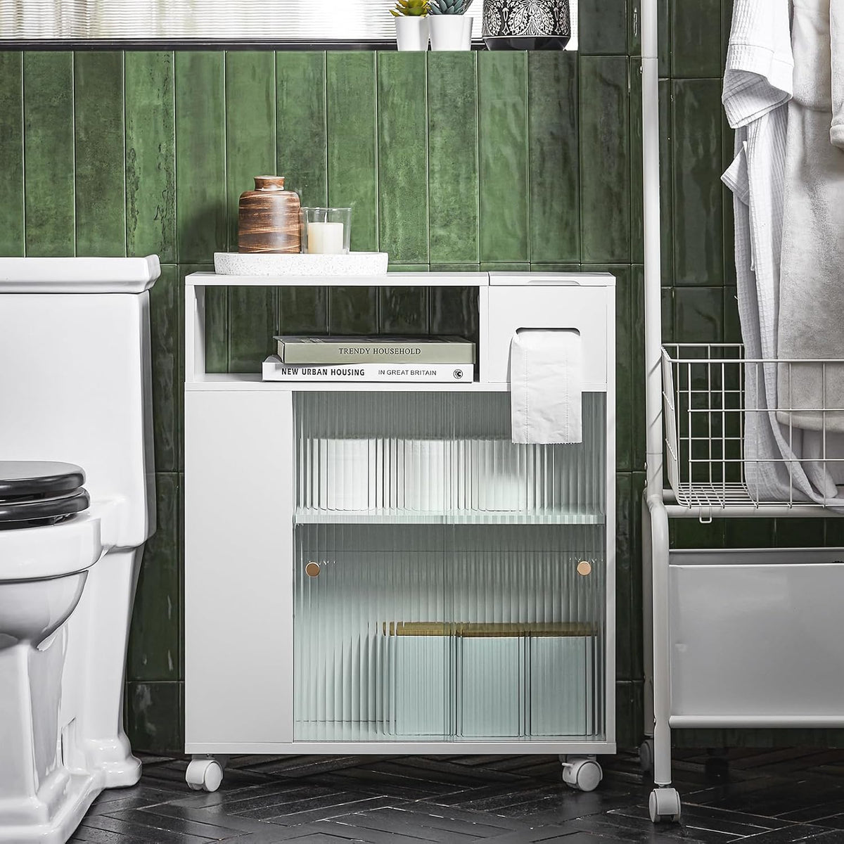 SoBuy Badkamer opbergkast op wieltjes met 2 deuren - 60x20x71 cm - Max. 45KG - Wit