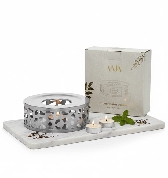 Vaja® Warmhoudplaat met Waxinelichtje voor Theepot - Warmhouder met Kaars - Theelichthouder - Thee Warmer Theelicht - Tea Maker - Verwarmer - Zilver