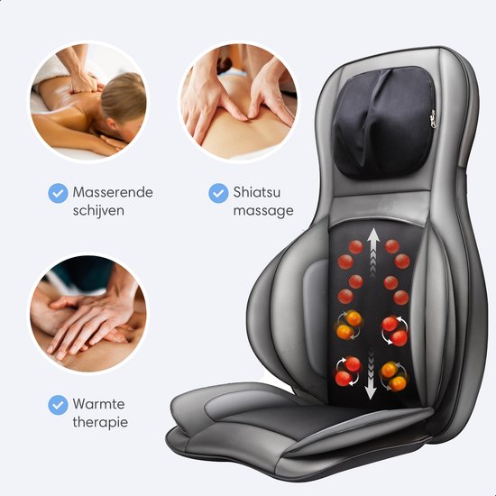 Lifeproducts Elektrische Shiatsu Massagestoel & Kussen - Verwarmingsfunctie – 83,5 x 53 x 21 cm – Grijs