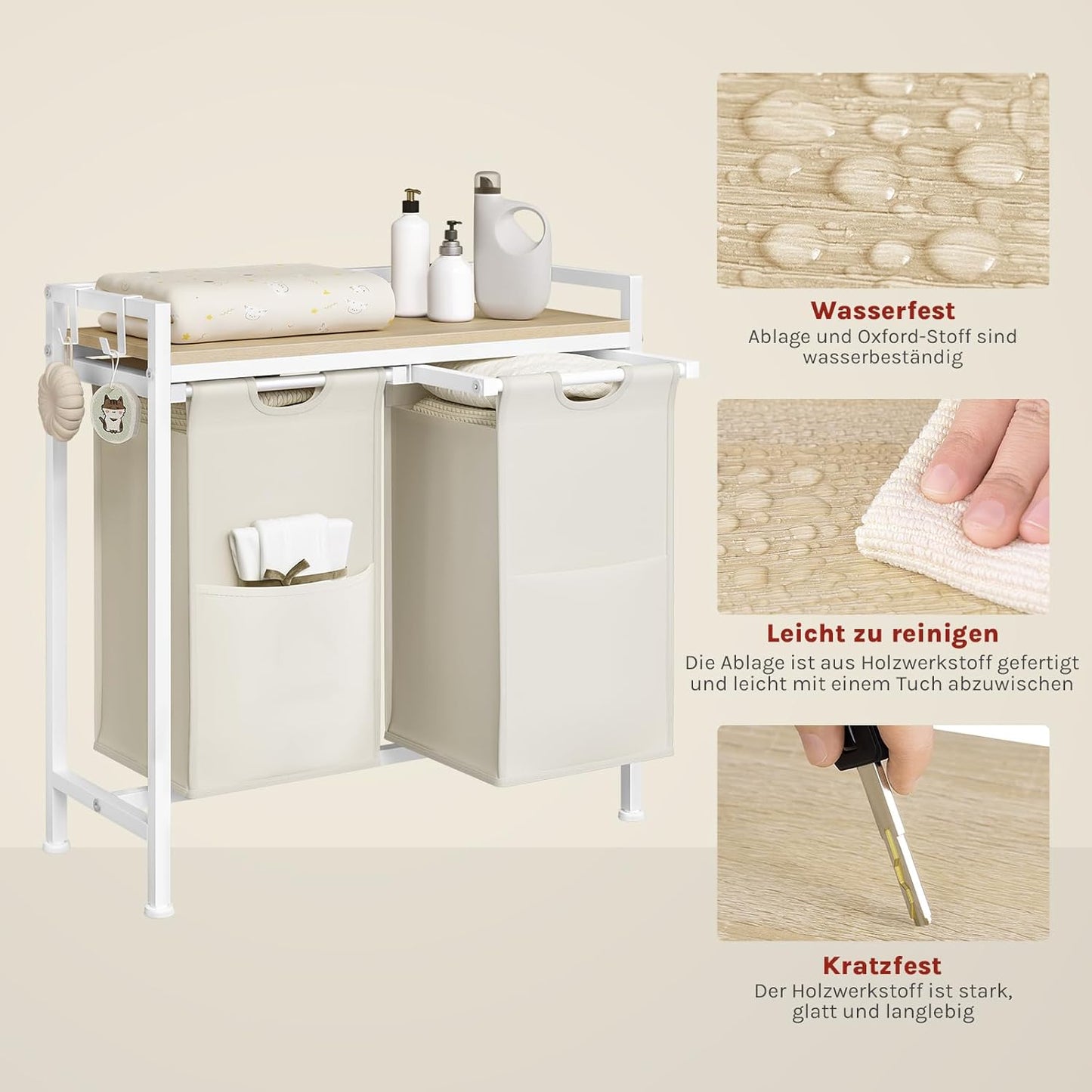 Woltu Wasmand met 2 Vakken en Opbergplank - 80L Inhoud - Uittrekbare & Uitneembare Waszakken - Wit/Licht Eiken - 70 x 30 x 71 cm