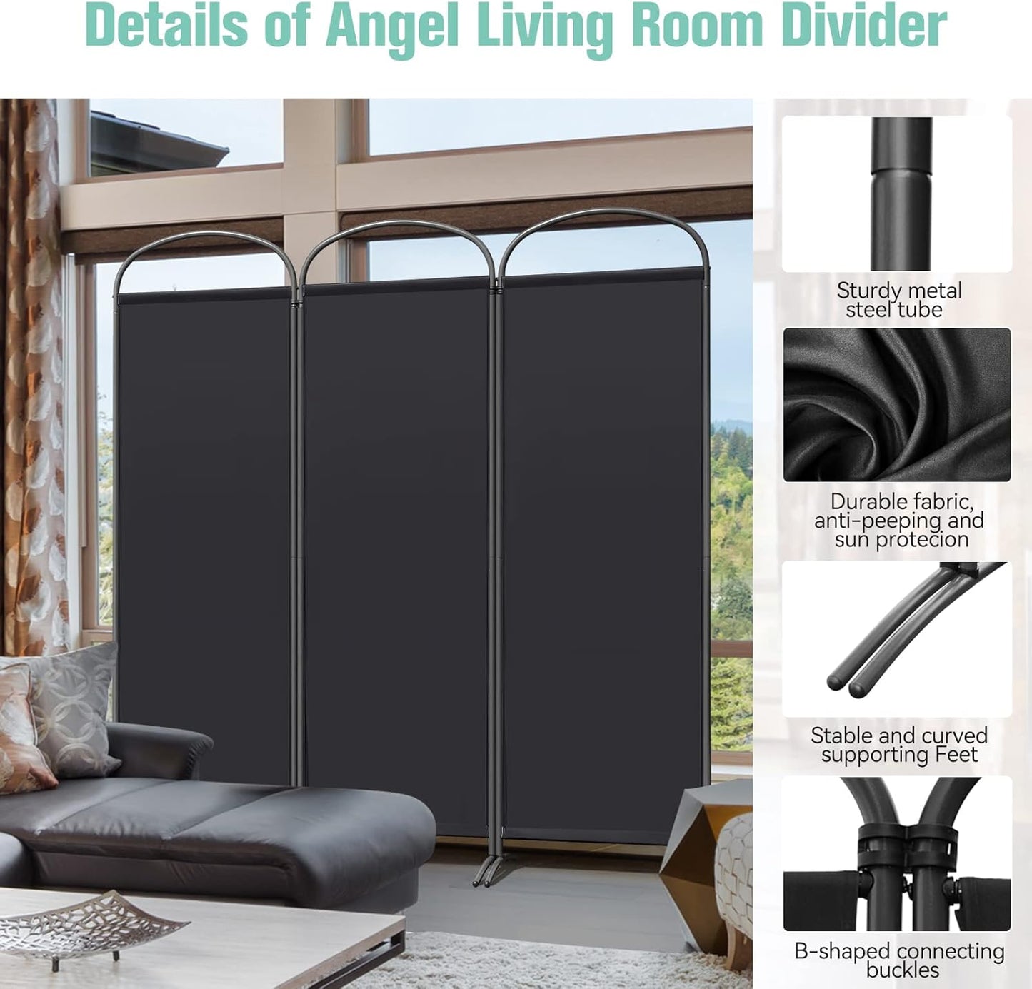 Angel Living Kamerscherm - 3 Panelen - 168 x 182 cm - Zwart