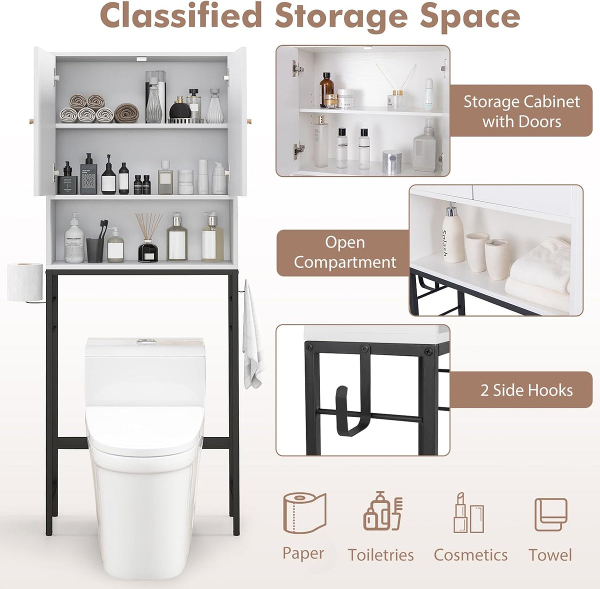 COSTWAY Vrijstaande Toiletkast – Met Opbergvakken, Deuren & Haken – 63 x 23 x 165,5 cm – Wit