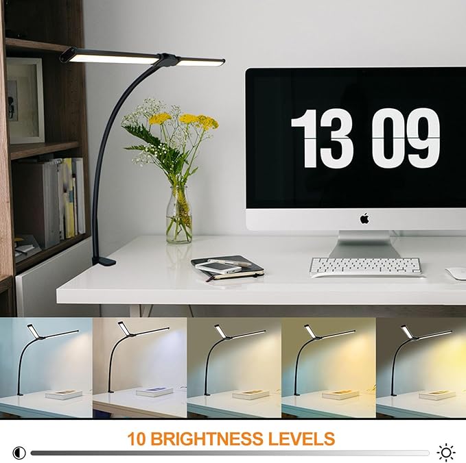 Skoov Led-Bureaulamp voor Kantoor Thuis, Heldere Dubbele Kop Bureaulamp met 3 Kleuren Traploos Dimbaar, Lamp Flexibele Zwanenhals Bureauverlichting voor Architect Thuiskantoor USB 5V