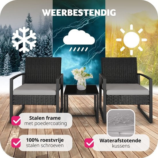 tectake® - wicker zitgroep 2x fauteuils met tafel, balkonmeubelset, tuinmeubelen, balkonmeubilair, kleine lounge, gestoffeerde stoelen inclusief buitentuintafel, weerbestendig - zwart - poly-rattan