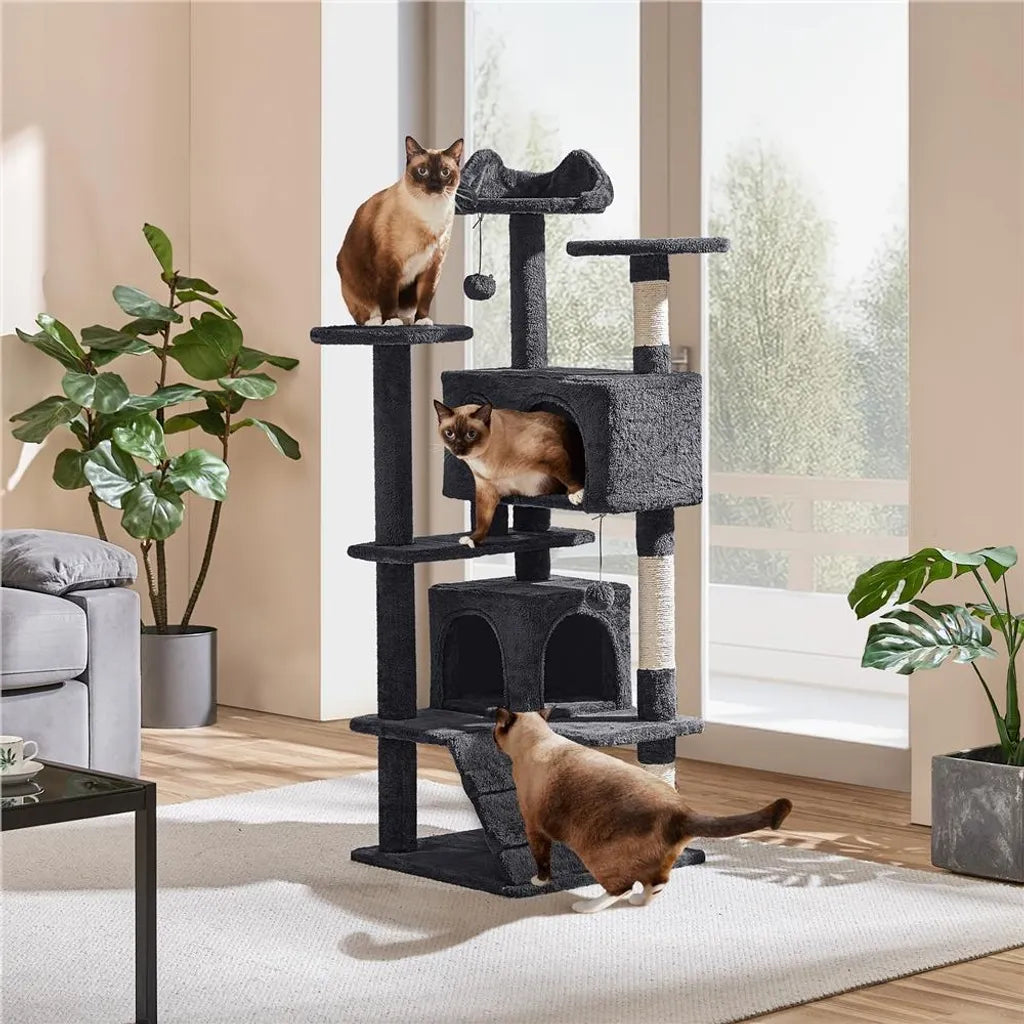 Yaheetech Kattenkrabpaal- 139 cm Hoog - 3 Uitkijkplatformen - 2 Knusse Kattenverblijven - Zwart