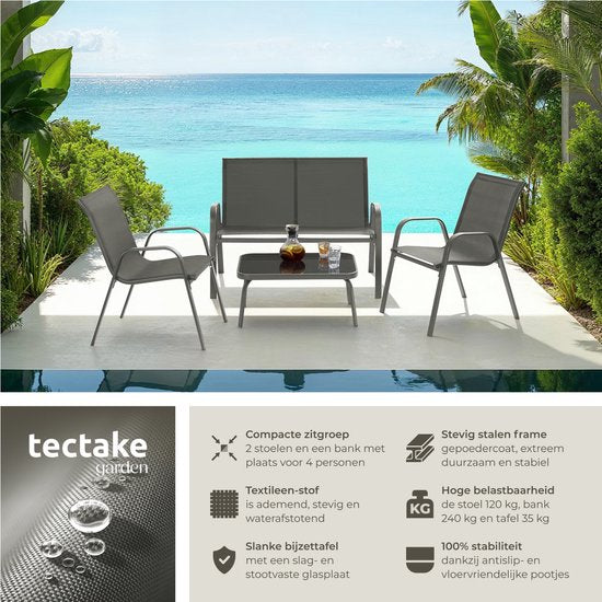 tectake® Tuinset Nora - Moderne Zitgroep voor 4 Personen - Loungeset met Tuinbank en 2 Tuinstoelen van Ademend, Waterafstotend Textileen-Weefsel - Balkonset Met Bijzettafel - Luxe Tuinmeubelset - Antraciet