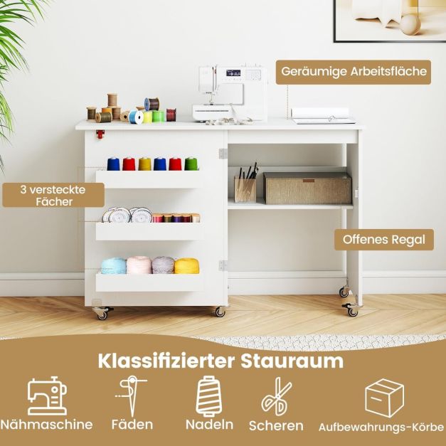 Coast Naaitafel Wit – Opvouwbare Hobbytafel op Wielen met Opbergruimte en 3 Verborgen Bakken – 118,5 x 40 x 79,5 cm