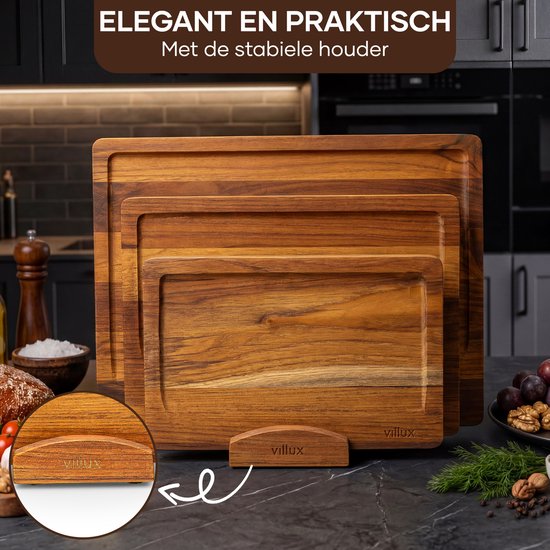 Villux Snijplank - Snijplankenset Met Houder - Snijplank Hout - Snijplanken - Snijplank Teakhout- Houten Snijplank - Snijplankenset - Tapasplank - Borrelplank - Serveerplank - Hapjesplank - Inclusief eBook - 3 Stuks - Teakhout
