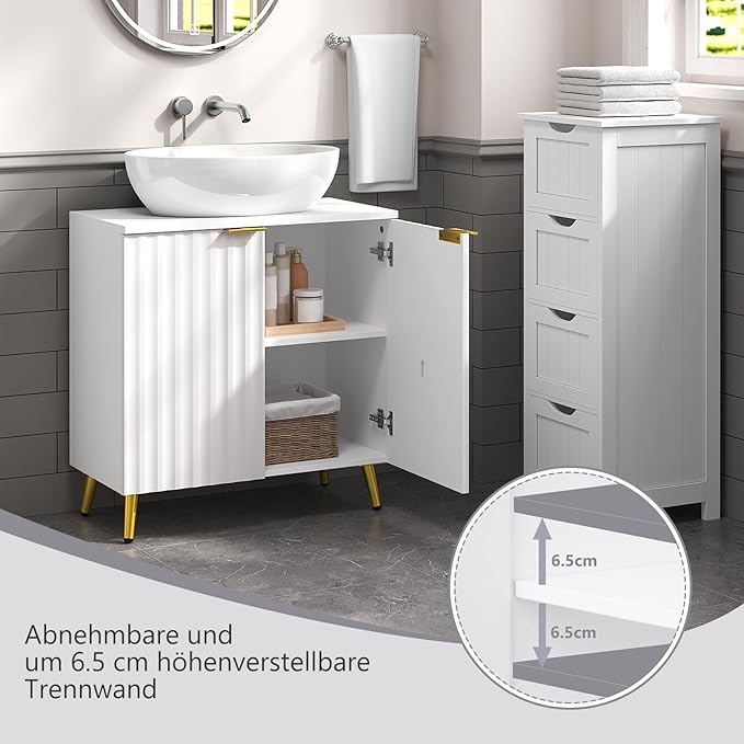 eSituro SBP0095 Wastafel onderkast - badkamermeubel - wit met goudkleurige metalen poten - 60 x 62 x 30 cm