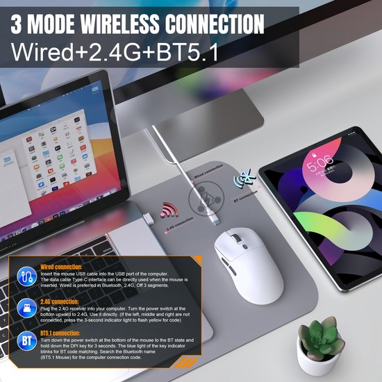 Fuegobird T68 - 2.4G Draadloze Gaming Muis - 12000DPI - PAW3311 - FPS/MOBA/MMO - Gaming muizen - Ultra licht - Wit