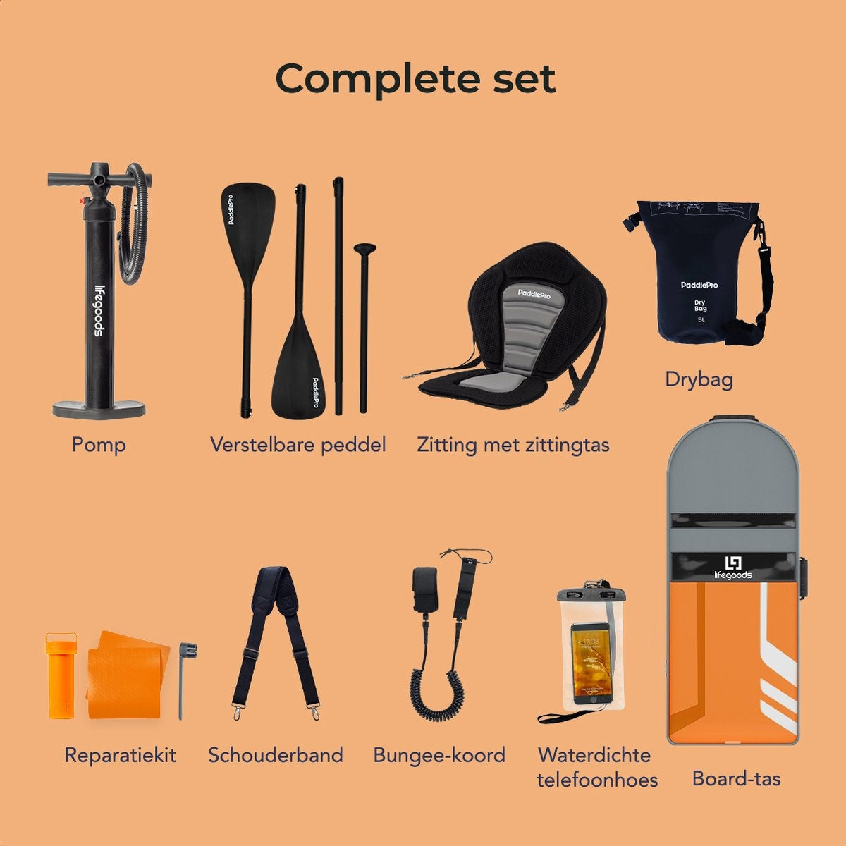 LifeGoods SUP Board - Luxe Set - met Zitje - Opblaasbaar Paddle Board - Max. 135KG - 320x81cm - Oranje