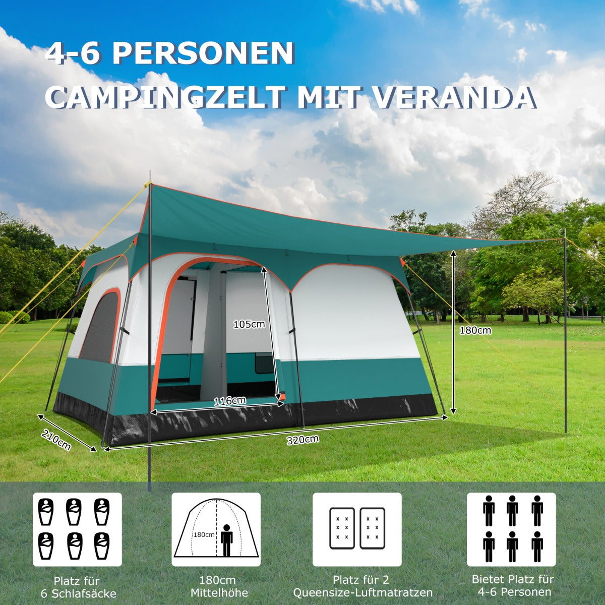 Coast Familietent met Luifel - 2 Kamers - 2 Ingangen - 320 x 210 x 180 cm - Groen