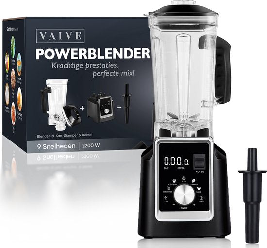 VAIVE Powerblender –  Pulsefunctie & 9 snelheden– 2200 W – 2 Liter – 21,6 x 18,5 x 37,6 cm – Zwart