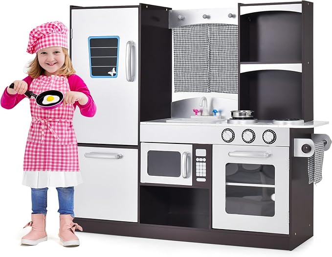 Coast kinderkeuken gemaakt van houten kinderen speel keuken met koelkast en veel opbergruimte 97 x 30 x 95 cm bruin