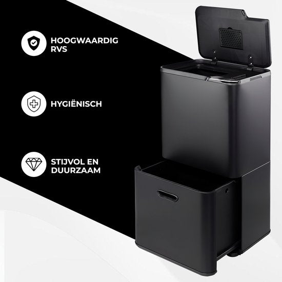 Bayt Prullenbak 60 Liter - Vuilnisbak 60 Liter - Prullenbak Afvalscheiding - 2 Compartimenten - RVS - Zwart