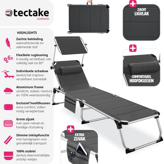 tectake® - ligstoel ligbed zonnebed gestoffeerd, inklapbaar - grijs - 220 x 60,5 x 34 cm, met zijvak