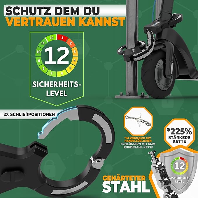 MIVELO E-Step & Fietsslot – Handboei-Kettingslot – Security Level 10/12 – Incl. Draagtas – Carbonstaal – Zwart – 30 x 4 x 4 cm