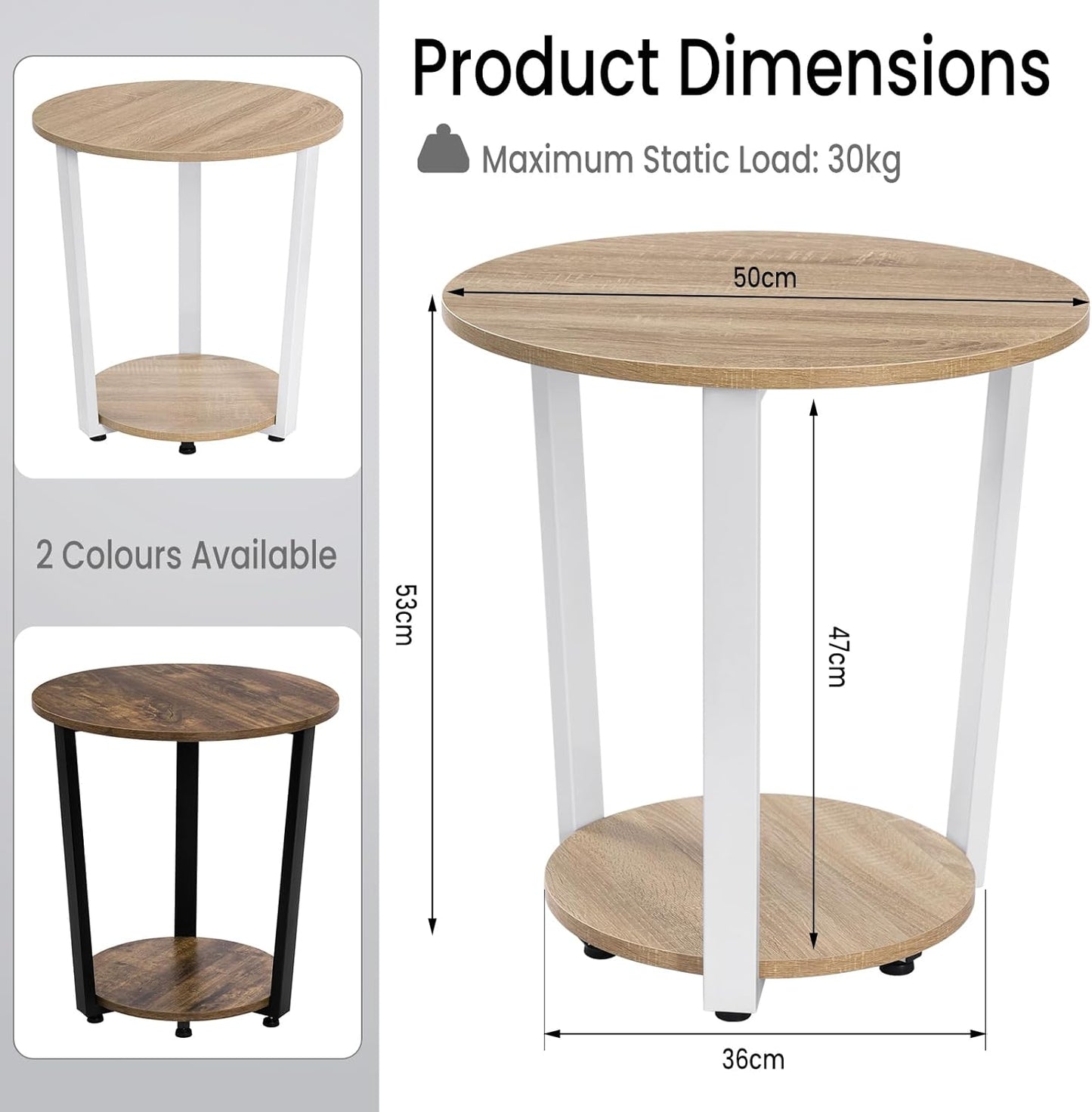 Woltu ronde salontafel - 50x50x53 cm - licht eiken – bijzettafel met 2 legplanken en opbergruimte