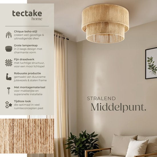 tectake® Plafondlamp Boho stijl- Hanglamp met lampenkap van jute - 40W