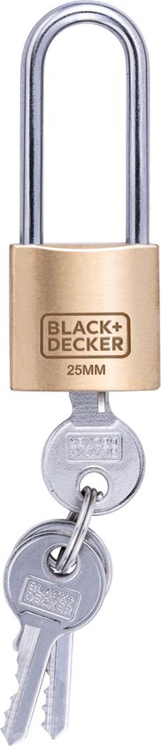BLACK+DECKER Hangslot - 25mm - Lange Beugel - Incl. 3 Sleutels - Massief Messing Slot