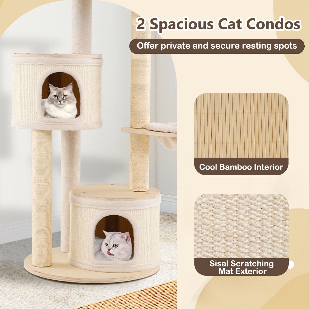 Coast Krabpaal voor katten - 2 kattenhuizen - mand en speelbal - 152 cm - natuur