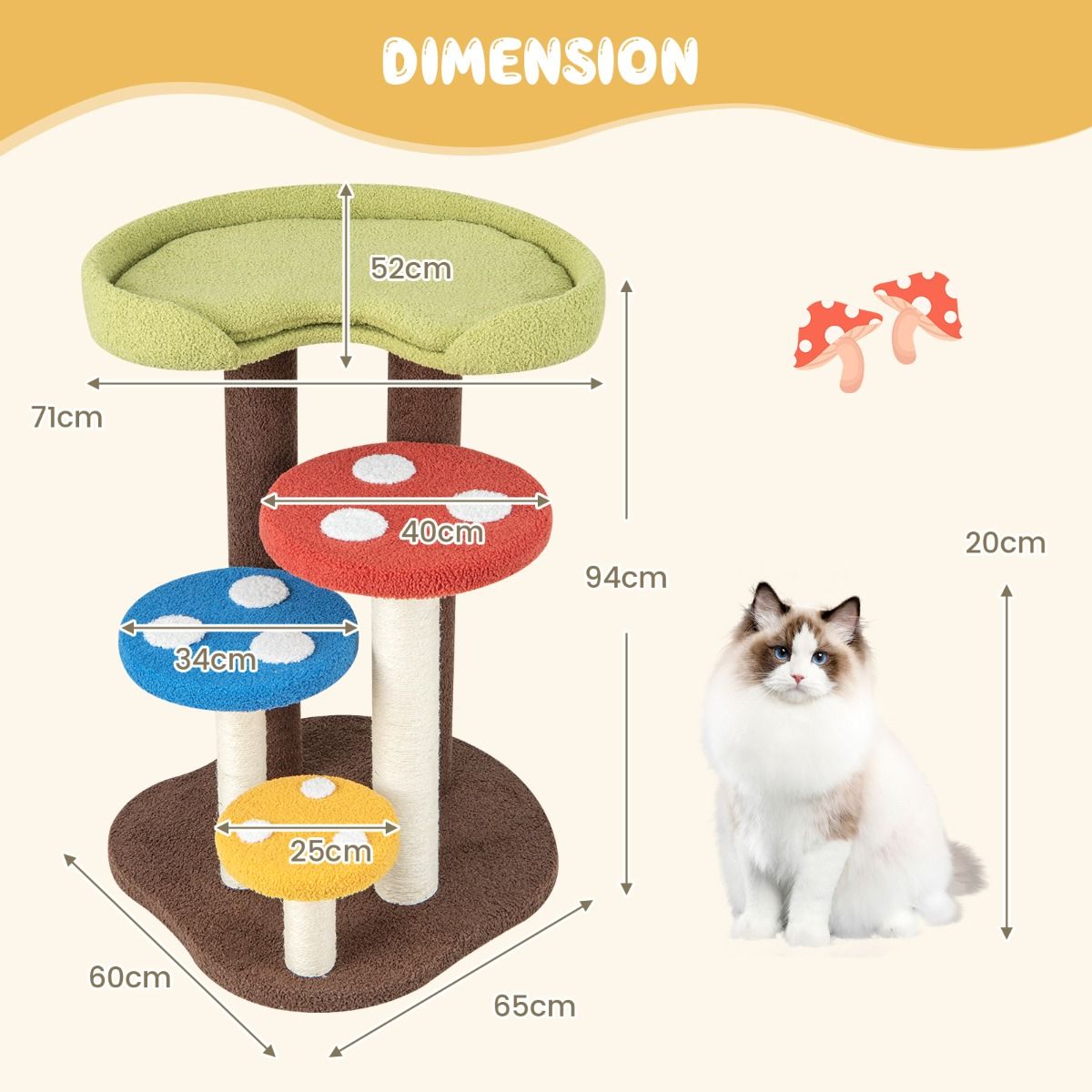 Coast Krabpaal Kattenboom - 5 verdiepingen - 3 sisalpalen - paddenstoeldesign - 60 x 65 x 94 cm