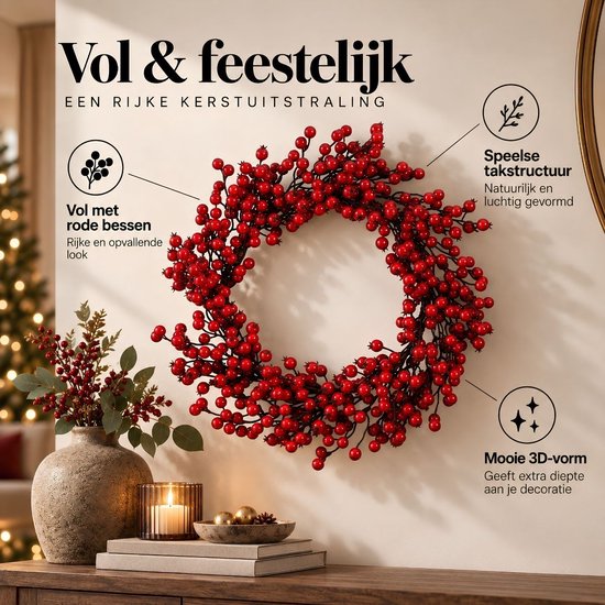 Mica Decorations Kerstversiering met Rode Besjes - Kerstkrans voor de Kerstsfeer in Huis - Ø50 cm van Foam Materiaal - Deurkrans voor Binnenshuis in de Kerstperiode - Rood