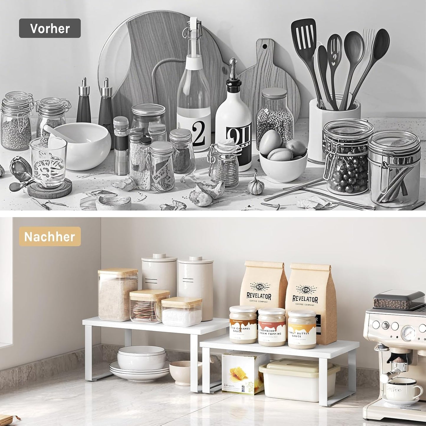 WOLTU Scaffalature kruidenrek set 2 stuks - stapelbare keuken plank organizer - wit MDF en metaal