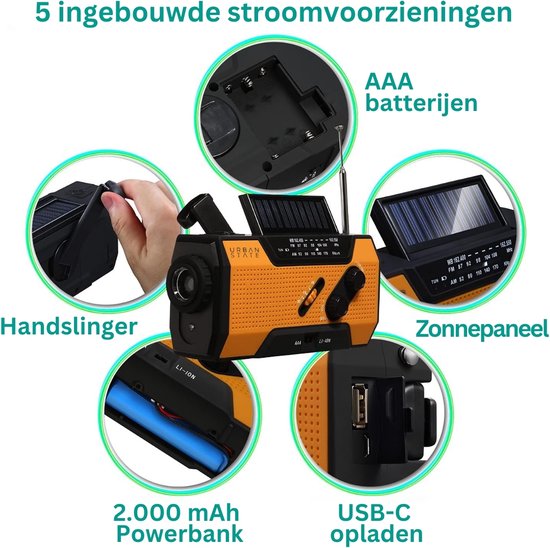 Urban State Noodradio opwindbaar en batterij - Solar radio - Zaklamp / powerbank - Noodradio solar opwindbaar