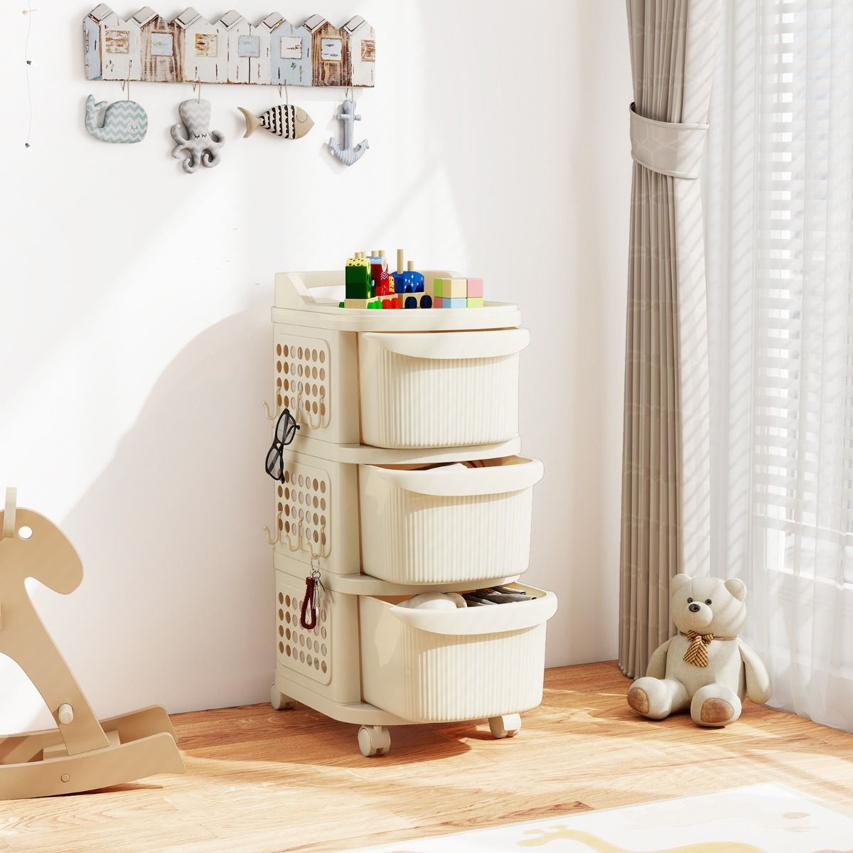 Coast Opbergkar op Wielen - 3 Lades - Met Haken - Wit 38 x 32 x 68 cm