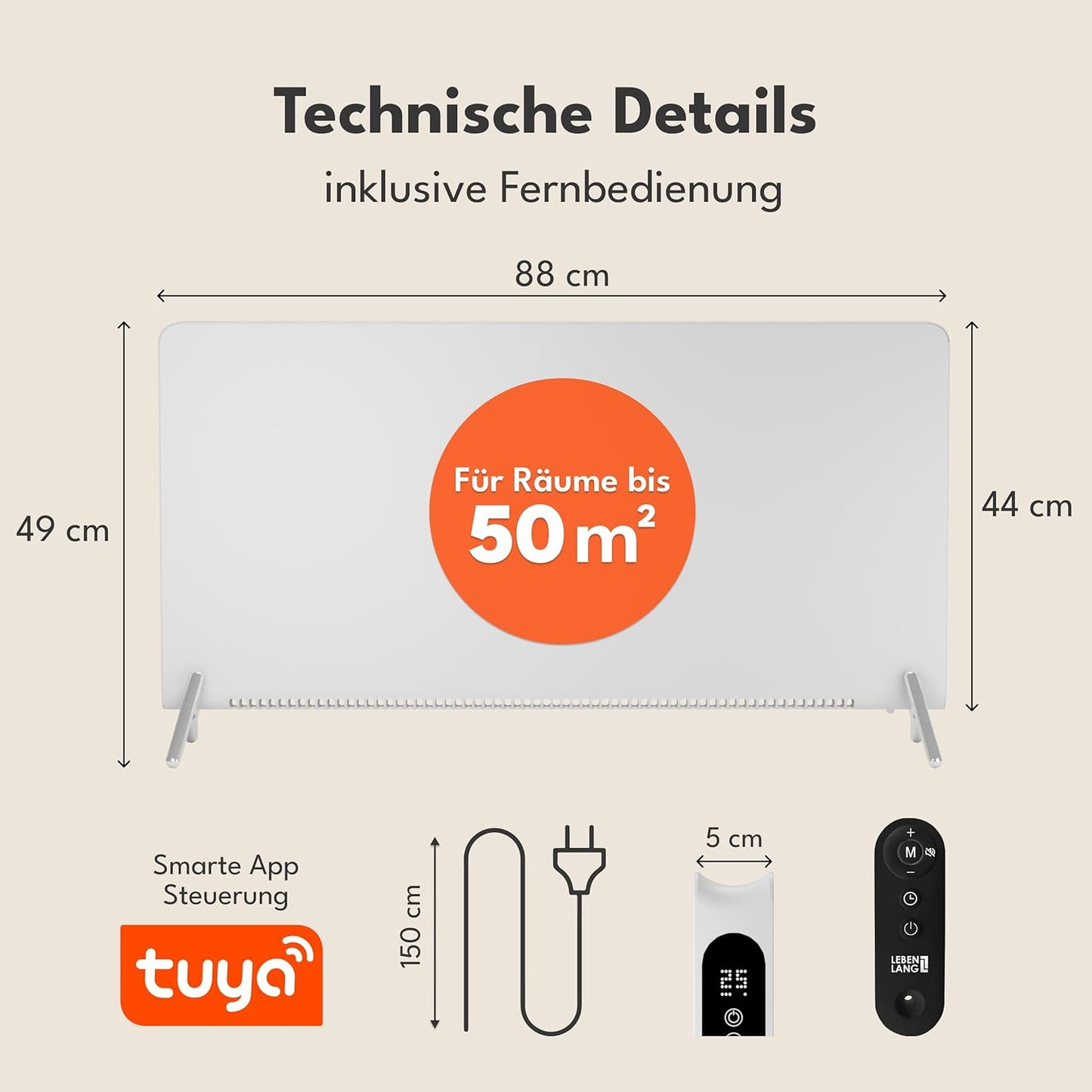 LEBENLANG Elektrische Verwarming - 2000W - Wifi en Appbesturing - Afstandsbedieninig - 88 x 5 x 49 cm - Wit