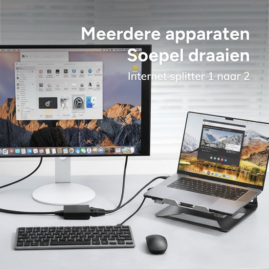 Skoov Internet Splitter 1 in 2 out - Netwerk Switch met 2 Poorten - 1000Mbps - RJ45, Cat5, Cat6, LAN, UTP, Ethernet splitter - Adapter - Zwart