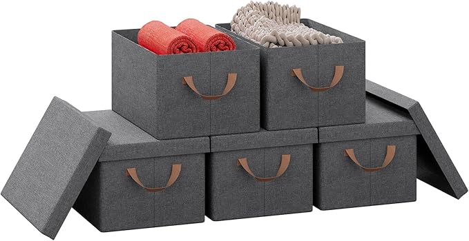 WOLTU opbergbox met deksel - set van 5 opbergdozen - inklapbaar - grijs - 38 x 27 x 20 cm