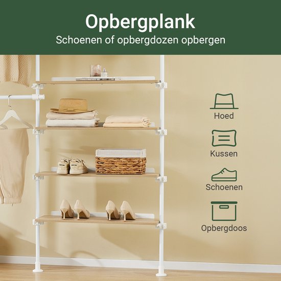 SoBuy Telescopisch kledingrek, robuuste kledingkast, open verstelbare kledingkast met planken en stangen, wit KLS17-WN