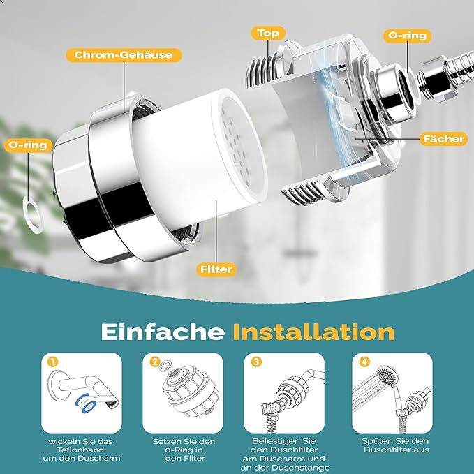 Essible 15-traps douchefilter - met vitamine C en E - roestvrijstalen waterfilter voor douchekop - tegen kalk, chloor en fluoride**