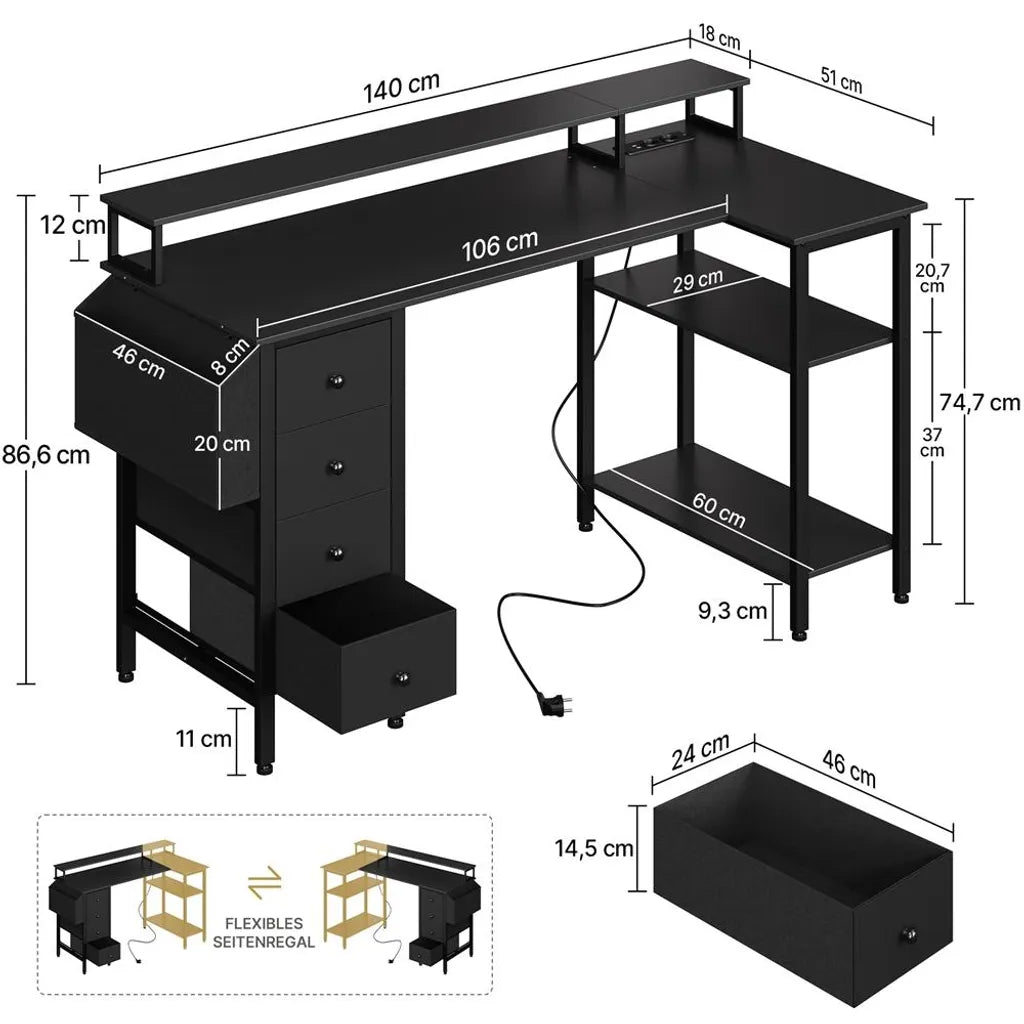 Yaheetech L-vormig Bureau 140 × 68 × 87 cm – Zwart – Gaming Bureau met Laadstation, Monitorstandaard en Opbergruimte