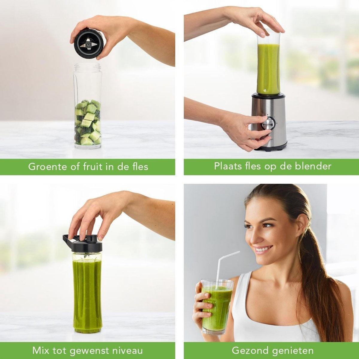 KitchenBrothers Mini Blender - Smoothie Maker - 2 To-Go Bekers - 350W - RVS