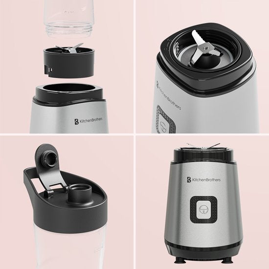 KitchenBrothers Mini Blender - Blender to Go - Smoothie Maker - 2 To-Go Bekers 600 ml - RVS